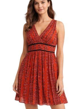 Abercrombie and Fitch Orange Print V Neck Sleeveless Velvet Trim Mini Dress